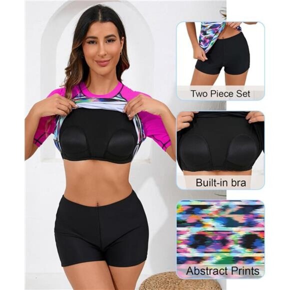 Women's UPF 50 Two Piece Rash Guard Swimsuit Built-in Bra Top & Board Shorts - Picture 3 of 7